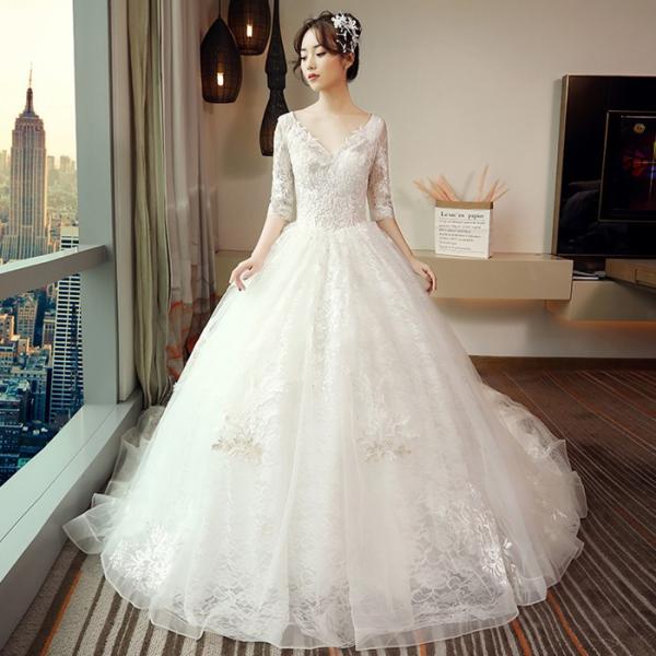 全品送料無料 ウェディグドレス 結婚式 花嫁 二次会 プリンセスラインドレス ドレス オフホワイト 安い 海外挙式 大きいサイズ 前撮り 後ろ撮り トレーン 白 長袖 袖付き 工場直送 Www Technet 21 Org