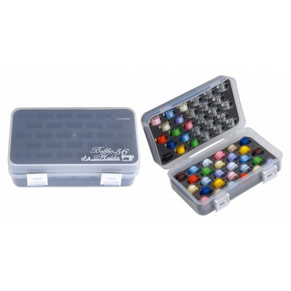 家庭用ミシンの半回転用と全回転用のボビンが56個収納できます開けると平行におけますサイズ：約10cm×約16cm×約5.6cm(ストッパー含まず)材質：ケース：ポリプロピレン、内部クッション：ポリエチレンフォーム生産国：中国（ケース）、日本...