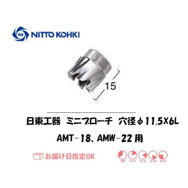 日東工器（NITTO KOHKI) アトラミニエースAMT-18、AMW-22用環状刃物（ミニブローチ） 穴径11.5mm用です。最大板厚6mmとなっています。穴あけ能力:穴径11.5〜22mm。被削材:軟鋼材。適合パイロットピン：NO.7...