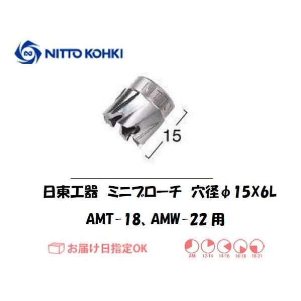日東工器（NITTO KOHKI) アトラミニエースAMT-18、AMW-22用環状刃物（ミニブローチ） 穴径15mm用です。最大板厚6mmとなっています。穴あけ能力:穴径11.5〜22mm。被削材:軟鋼材。適合パイロットピン：NO.728...