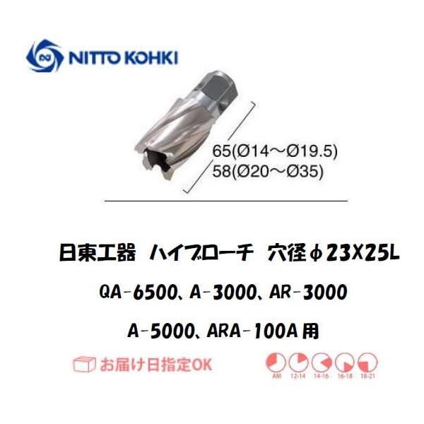 日東工器（NITTO KOHKI) アトラエースQA-6500、A-3000、AR-3000、A-5000、ARA-100A用環状刃物（ハイブローチ） 穴径23mm用です。最大板厚25mmとなっています。工具不要でワンタッチで刃物交換ができ...