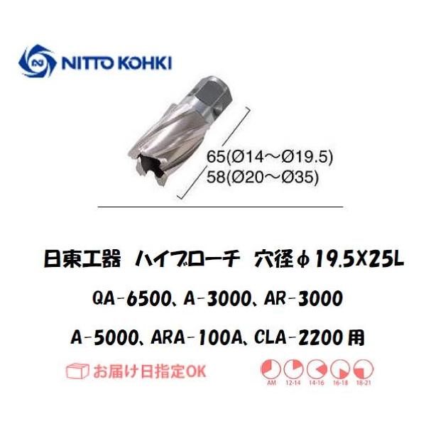 日東工器（NITTO KOHKI) アトラエースQA-6500、A-3000、AR-3000、A-5000、ARA-100A、CLA-2200用環状刃物（ハイブローチ） 穴径19.5mm用です。最大板厚25mmとなっています。工具不要でワン...