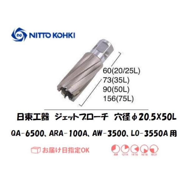 日東工器（NITTO KOHKI) アトラエースQA-6500、ARA-100A、AW-3500、LO-3550A用環状刃物（ジェットブローチ） 穴径20.5mm用です。最大板厚50mmとなっています。適合パイロットピン：NO.08050刃...