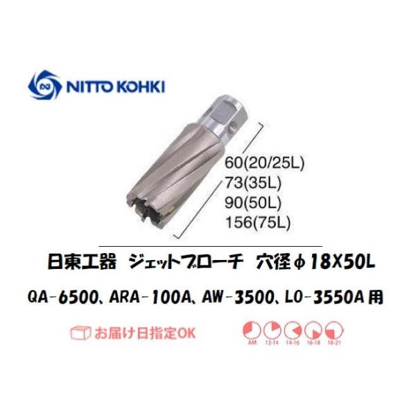 日東工器（NITTO KOHKI) アトラエースQA-6500、ARA-100A、AW-3500、LO-3550A用環状刃物（ジェットブローチ） 穴径18mm用です。最大板厚50mmとなっています。