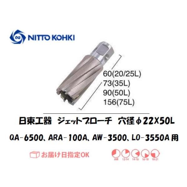 日東工器（NITTO KOHKI) アトラエースQA-6500、ARA-100A、AW-3500、LO-3550A用環状刃物（ジェットブローチ） 穴径22mm用です。最大板厚50mmとなっています。適合パイロットピン：NO.08050刃径(...