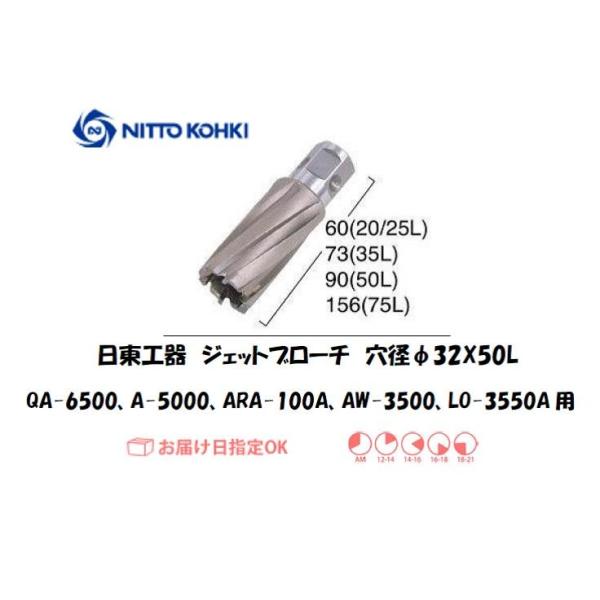 日東工器（NITTO KOHKI) アトラエースQA-6500、A-5000、ARA-100A、AW-3500、LO-3550A用環状刃物（ジェットブローチ・重ね板用） 穴径32mm用です。最大板厚50mmとなっています。