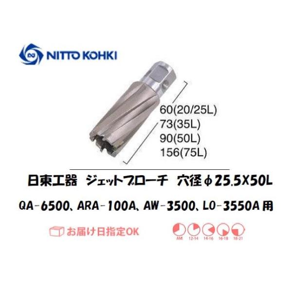 日東工器（NITTO KOHKI) アトラエースQA-6500、ARA-100A、AW-3500、LO-3550A用環状刃物（ジェットブローチ・重ね板用） 穴径25.5mm用です。最大板厚50mmとなっています。