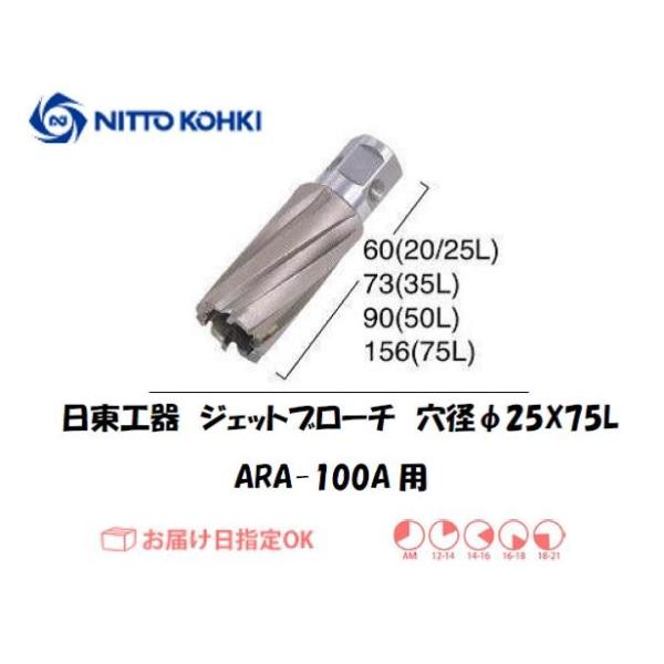 日東工器（NITTO KOHKI) アトラエースARA-100A用環状刃物（ジェットブローチ） 穴径25mm用です。最大板厚75mmとなっています。適合パイロットピン：NO.14894刃径(mm)：25.0適合機種：日東工器製：アトラエース...
