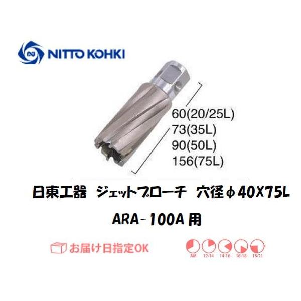 日東工器（NITTO KOHKI) アトラエースARA-100A用環状刃物（ジェットブローチ） 穴径40mm用です。最大板厚75mmとなっています。適合パイロットピン：NO.14894刃径(mm)：40.0適合機種：日東工器製：アトラエース...