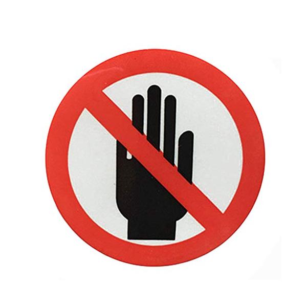 「商品情報」「主な仕様」接触禁止のイラスト表示のラベルシールです。シール：4cm丸　1シート：10枚貼りを5シート計50枚接触禁止のイラストが表示された直径4cmの丸形ラベルシールです。1シートに10枚貼りで5シート入りです。白地に手のマー...