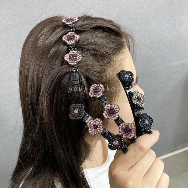 ヘアクリップ 2本セット くちばしクリップ レディース 女性 ヘアアクセサリー 編み込み ヘアアレンジ 髪飾り クローバー ラインストーン 四つ葉 きらきら
