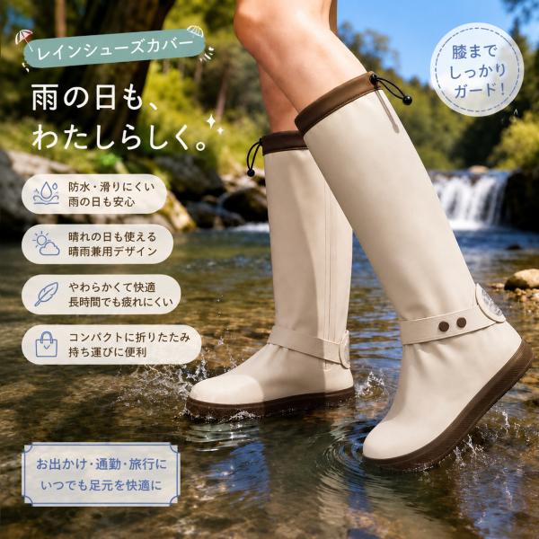 レインシューズカバー ハイカット42cm レインブーツ 防水 PVC厚手 滑り止め耐摩耗 豪雨 自転車通勤 登山トレッキング 男女兼用 折りたたみ収納