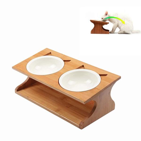 【小型 犬 猫 ペット用フードボウル】ペット食器台 自然木製 陶器お皿 ボウル2個セット 傾斜のあるご飯台 フードボウルスタンド 滑り止め付き ペット腰 関節首の