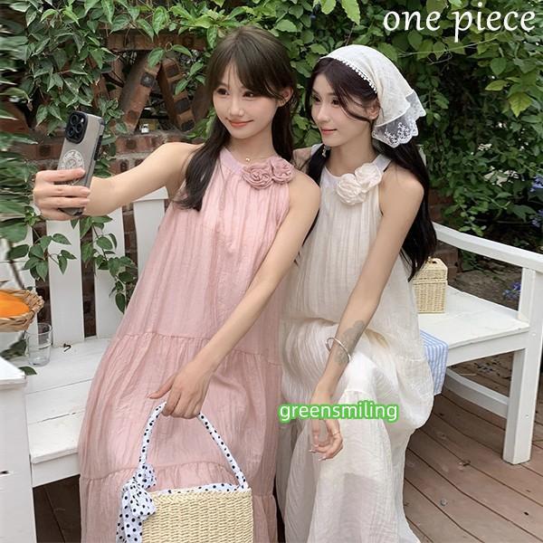 リゾートワンピース 大人可愛い 夏 ロングワンピース 花付き リゾート