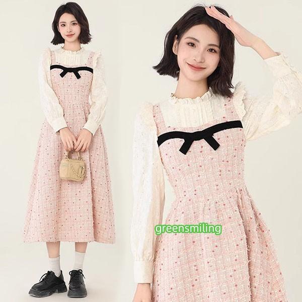 ワンピース 長袖 ロング丈 可愛い 春 ニット ピンク Aライン