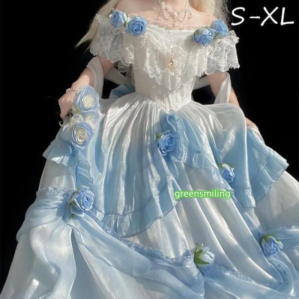 ワンピース ロリータ Lolita ブルー 成人式 パフスカート S M L XL おしゃれ コスプレ お嬢様 パーティー プレゼント イブニングドレス レディース