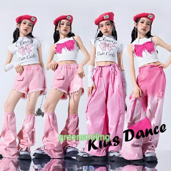 jazzercise ピンクウェア♪6点セット キッズ ダンス衣装 セットアップ 半袖 へそ出し 韓国 jazz 子供ダンス