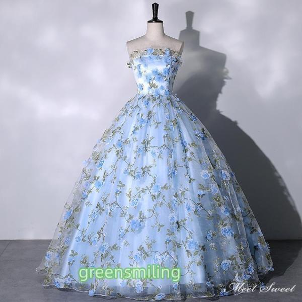 週末セール　lacemade 花窓の朝　水色ストライプ柄ドレス　Lサイズ カラードレス 編み上げ ブルー ビスチェ 花柄 ロングドレス 結婚式
