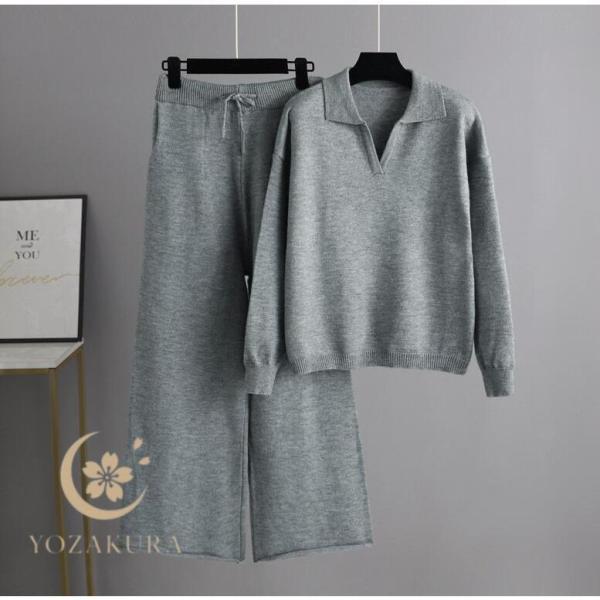 ニット セットアップ ワイドパンツ レディース 秋冬 長袖 ポロシャツ