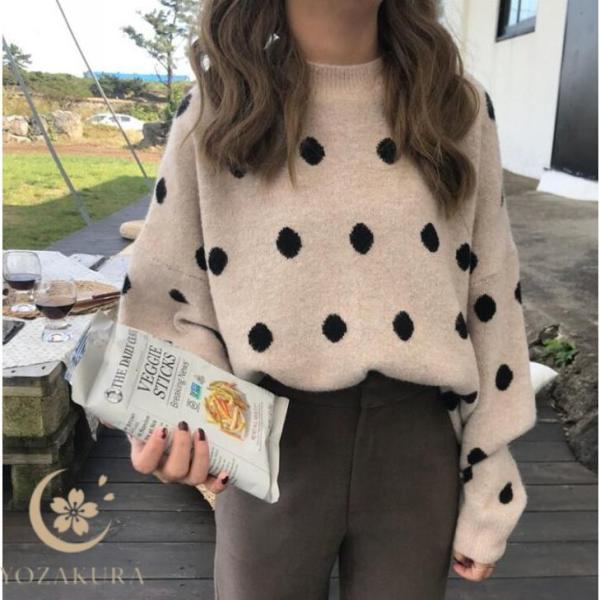 ニット レディース セーター 水玉柄 ドット柄トップス ニットセーター