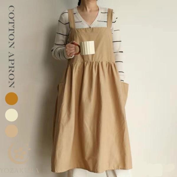 エプロン コットン レディース カフェエプロン ポケット付きドレス