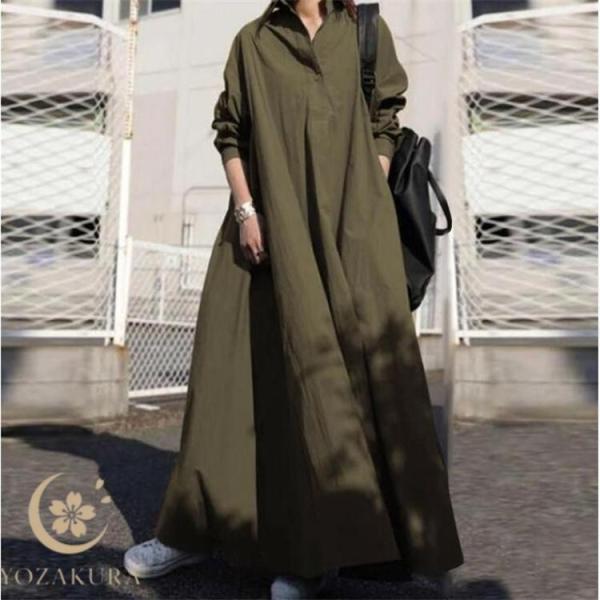 シャツワンピース ワンピース 秋 春 夏 レディース ロングワンピース 長袖 ロング丈 マキシ丈   体型カバー 無地 ゆったり 着痩せ 30代 40代 50代
