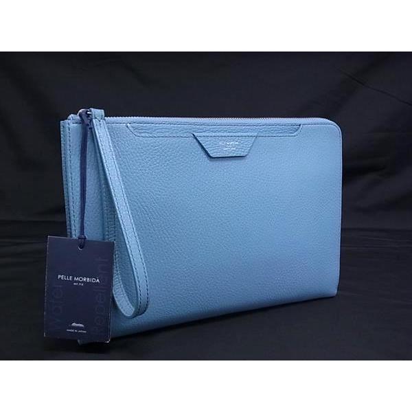 ■極美品■ PELLE MORBIDA ペッレ モルビダ レザー クラッチバッグ セカンドバッグ レディース メンズ ライトブルー系 BM7490 PELLE MORBIDA（ペッレ モルビダ） □極美品□ ペッレ モルビダ レザー