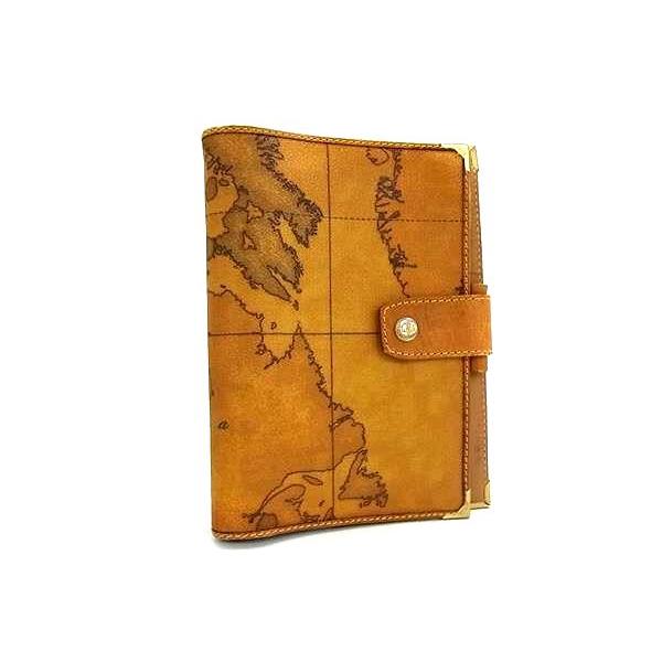 未使用 プリマクラッセ★2つ折りウォレット PVCレザー 本革 マップ柄 茶系 PRIMA CLASSE プリマクラッセ 世界地図柄 PVC×レザー 手帳カバー