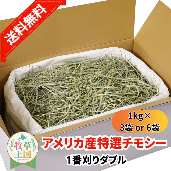アメリカ産 特選チモシー1番刈り ダブル 1kg×3袋 or 6袋 ラベルレス うさぎ 餌 チンチラ デグー モルモット  ペットフード もふぱふぇ 牧草王国 爆買