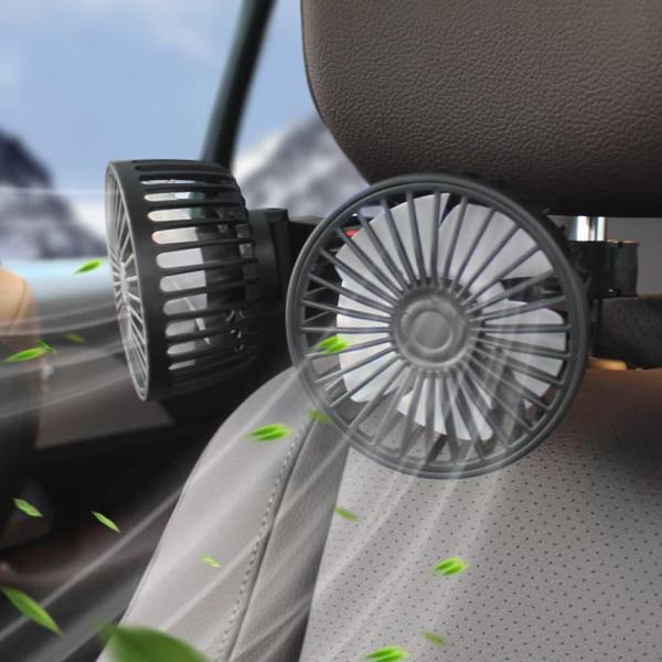 車用扇風機 アシストグリップ カーファン ダブル 扇風機 ツインファン USB ヘッドレスト 5枚羽根 強風量 3段階風量調節 後部座席 省エネ 蒸れ解消 夏対策