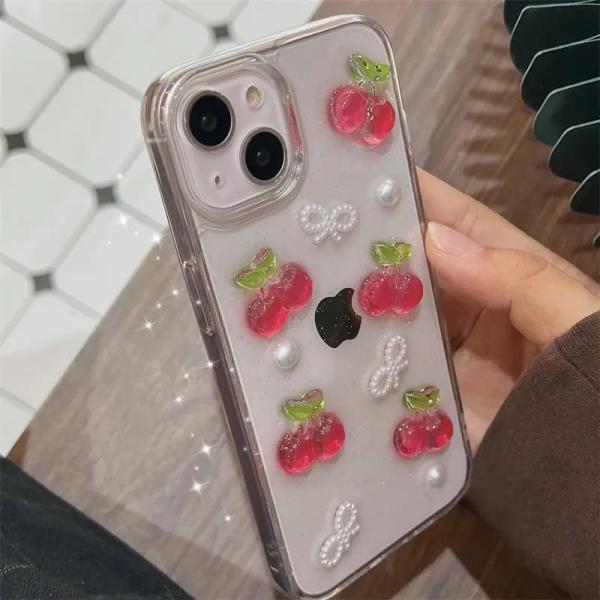 iPhone ケース カバー チェリー さくらんぼ リボン ビーズ 3D クリア 透明 可愛い お洒落 割れにくい スマホカバー 韓国 ガーリー