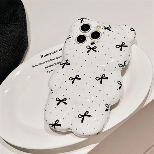iPhone ケース スマホ カバー シリコン くま 動物 かわいい リボン レトロ 耐衝撃 立体 白 ドット Y2K アニマル xr xs 11 12 13 pro