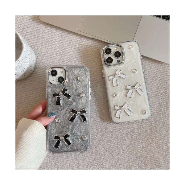 iPhone ケース カバー 12 13 14 15 16 Pro Max リボン 3D 立体 オーロラ キラキラ グレー モノトーン 個性的 レトロ Y2K 韓国 耐衝撃 スマホケース 女の子 原宿