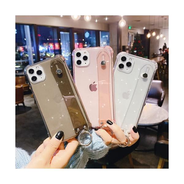 iPhone ケース 韓国 クリア 透明 ホルダー ストラップ 落下防止 おしゃれ 黄ばまない スタンド機能 グリッター ラメ キラキラ se 14