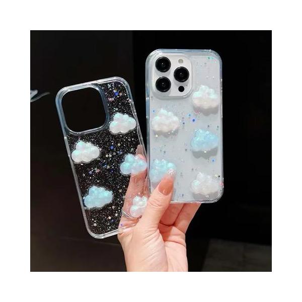 iPhone ケース 韓国 透明 立体 3D 雲 かわいい キラキラ ラメ グリッター おしゃれ 黄ばまない レトロ Y2K 大人可愛い 水色 クリア カバー スマホケース 高校性