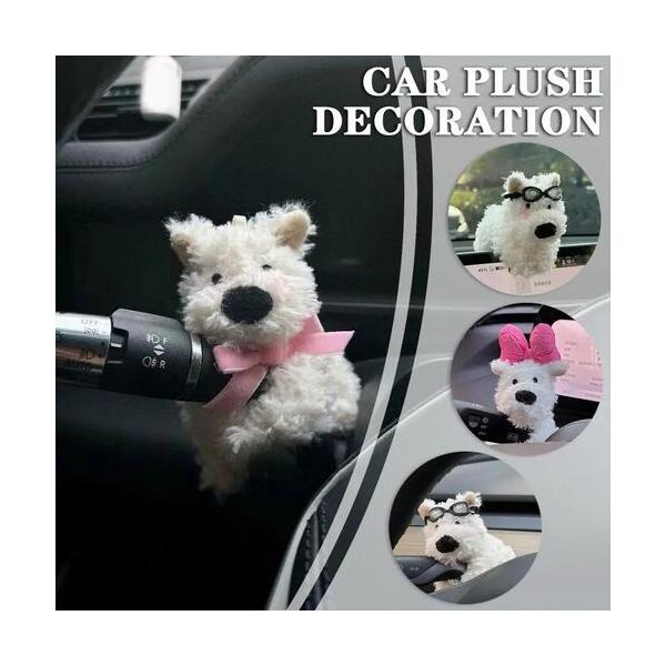 カーアクセサリー 車 犬 リボン マフラー かわいい アニマル キャラクター おしゃれ ハンドル カー用品 置物 ぬいぐるみ ふわふわ 雑貨 飾り ブレーキ ボード