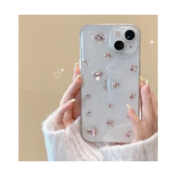iPhoneケース 韓国 かわいい ピンク ハート ストーン クリスタル デザイン カバー クリア 黄ばみにくい ラメ ビジュー キラキラ シリコン 耐衝撃 おしゃれ