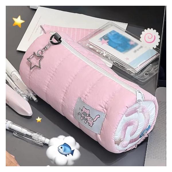 ペンケース 筆箱 おしゃれ かわいい 韓国 ピンク ロールケーキ Y2K レトロ 文房具 小学生 中学生 大人 チャーム スター 星 収納 おもしろ もこもこ 横型 大容量