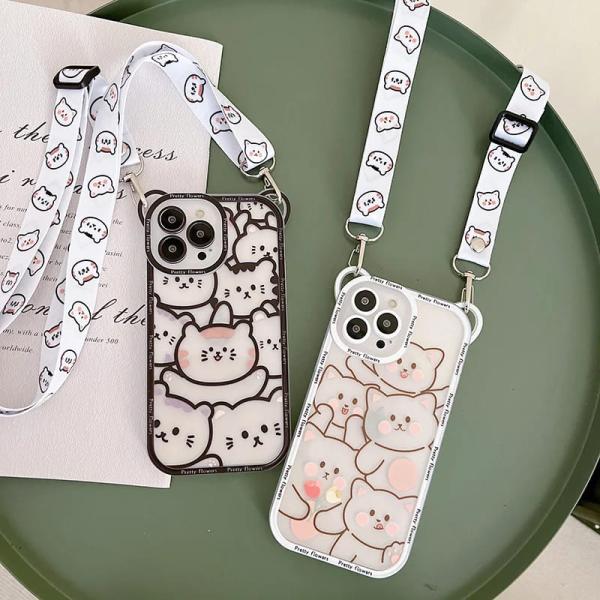 iPhone ケース 韓国 くま ねこ 動物 ショルダー 首掛け ストラップ付き 透明 かわいい おもしろ 衝撃に強い キャラクター xr 12 13 14 15 16 pro max plus