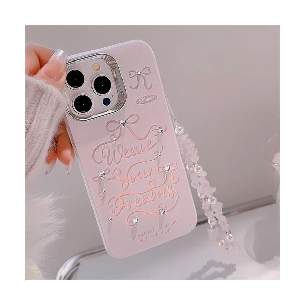 iPhoneケース カバー 韓国 ワンホン ピンク リボン アクセサリー付き ガーリー かわいい ビジュー 韓国 ラインストーン 14 15 キラキラ