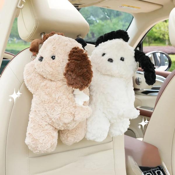 犬 ぬいぐるみ 吊り下げ ティッシュケース 車用 もこもこ かわいい 韓国 ティッシュカバー カーアクセサリー 後部座席 キャラクター 犬 動物 おもしろ ふわふわ