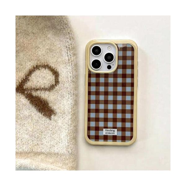 iPhone ケース カバー 韓国 ギンガムチェック 格子柄 チェック チョコミント 青 ブルー 茶色 かわいい レトロ フチ 厚め おしゃれ Y2K スマホ 持ちやすい 大人