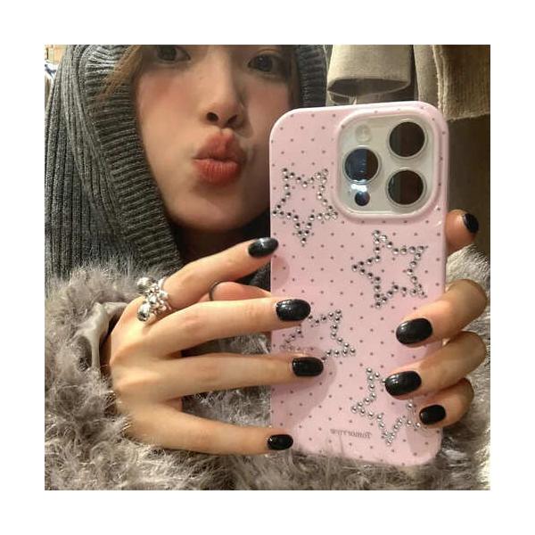 iPhone ケース スマホケース Y2K 星 スター ストーン ラインストーン かわいい レトロ ピンク 白 パターン ドット 水玉 耐衝撃 韓国 トレンド おしゃれ カバー