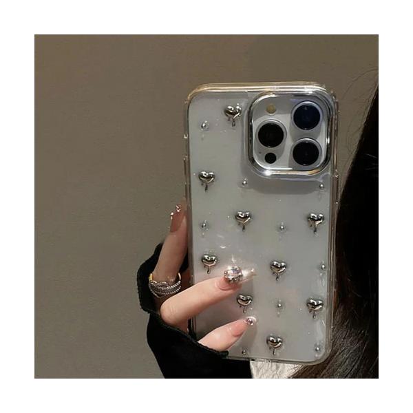 iPhone ケース カバー 透明 クリア ハート ドット パターン シルバー かわいい おしゃれ 韓国 Y2K シンプル 女の子 トレンド 溶ける 液体 スマホケース ふち