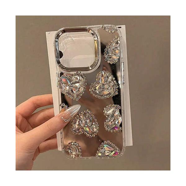 iPhone ケース カバー メタリック シルバー ハート ビジュー ストーン 立体 3D かわいい キラキラ おしゃれ ミラー 鏡 レトロ Y2K スマホケース 韓国 ワンホン