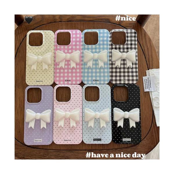 iPhone ケース レトロ リボン 3D 立体 カバー スマホケース チェック柄 ドット柄 韓国 Y2K おしゃれ かわいい リボンコア トレンド 平成 ピンク 水色 黒