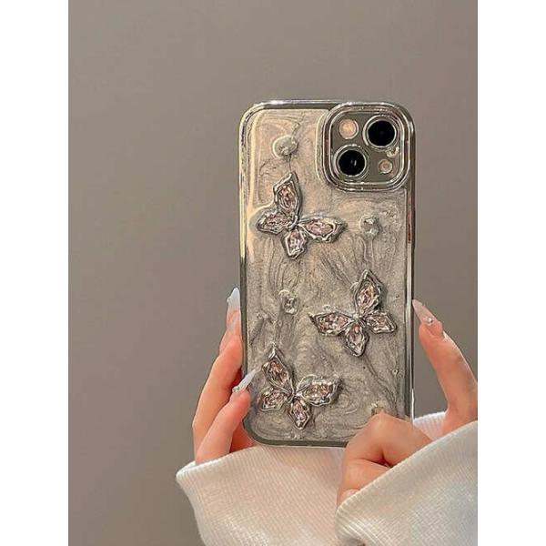 iPhone ケース シルバー オーロラ グラデーション 蝶 バタフライ キラキラ 立体 3D 韓国 レトロ Y2K ストーン 黒 ピンク メタリック ふちだけ シルバー 耐衝撃