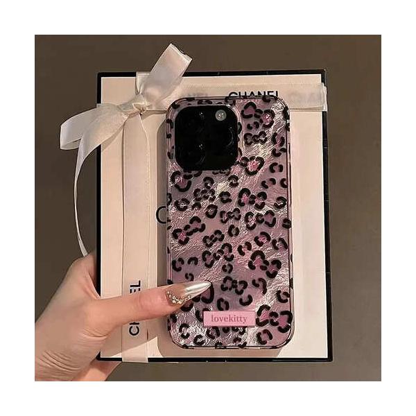 iPhone ケース ヒョウ柄 レオパード ピンク リボン キラキラ グラデーション オーロラ 光沢 カバー スマホケース 韓国 レトロ Y2K ギャル 耐衝撃 アニマル柄