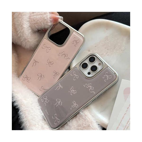 iPhone ケース リボン パターン おしゃれ かわいい 韓国 光沢 バレエコア グレー ピンク TPU 持ちやすい 耐衝撃 リボンコア レトロ Y2K 原宿 大人 ふち メッキ