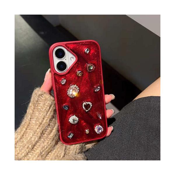 iPhone ケース オーロラ グラデーション 赤 レッド キラキラ ビジュー ストーン 宝石 レトロ カメオ ヴィンテージ Y2K 韓国 カバー スマホケース 耐衝撃 高級感